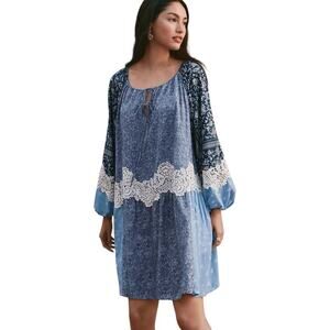 LOFT Women's XL Peasant Dress Blue Bandana Paisley Tiered Balloon Sleeve Boho